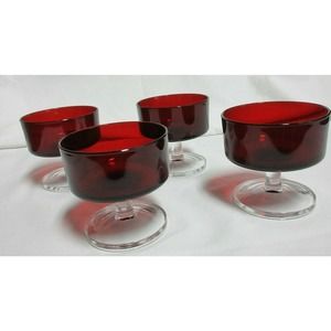 4 Vintage Ruby Red Glass Clear Stem Footed Desserts Sherbets - Marked FRANCE